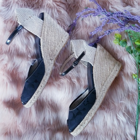 Coach Black Wedge Ankle Strap Peep Toe Espadrilles - Picture 3 of 8